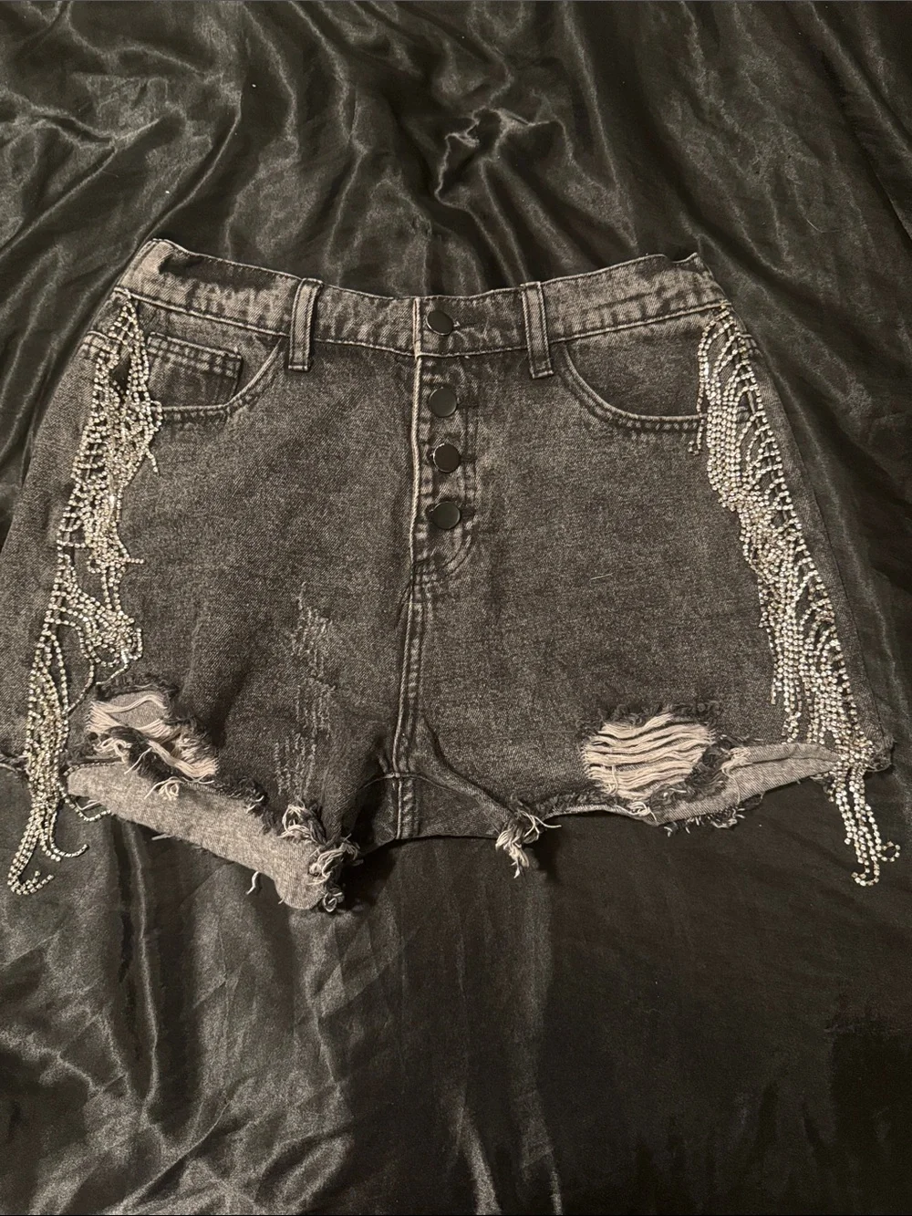 Rhinestone Fringe Distressed Black Denim Shorts